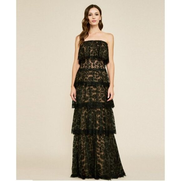 Tadashi Shoji Tiered Maxi Dress size 14 formal evening collection Lace Black NWT - Picture 1 of 16
